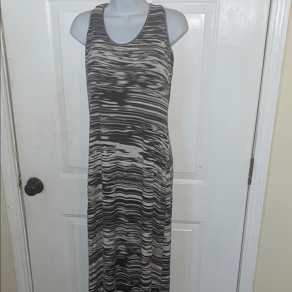 Calvin Klein Black and Gray Striped Maxi Dress
